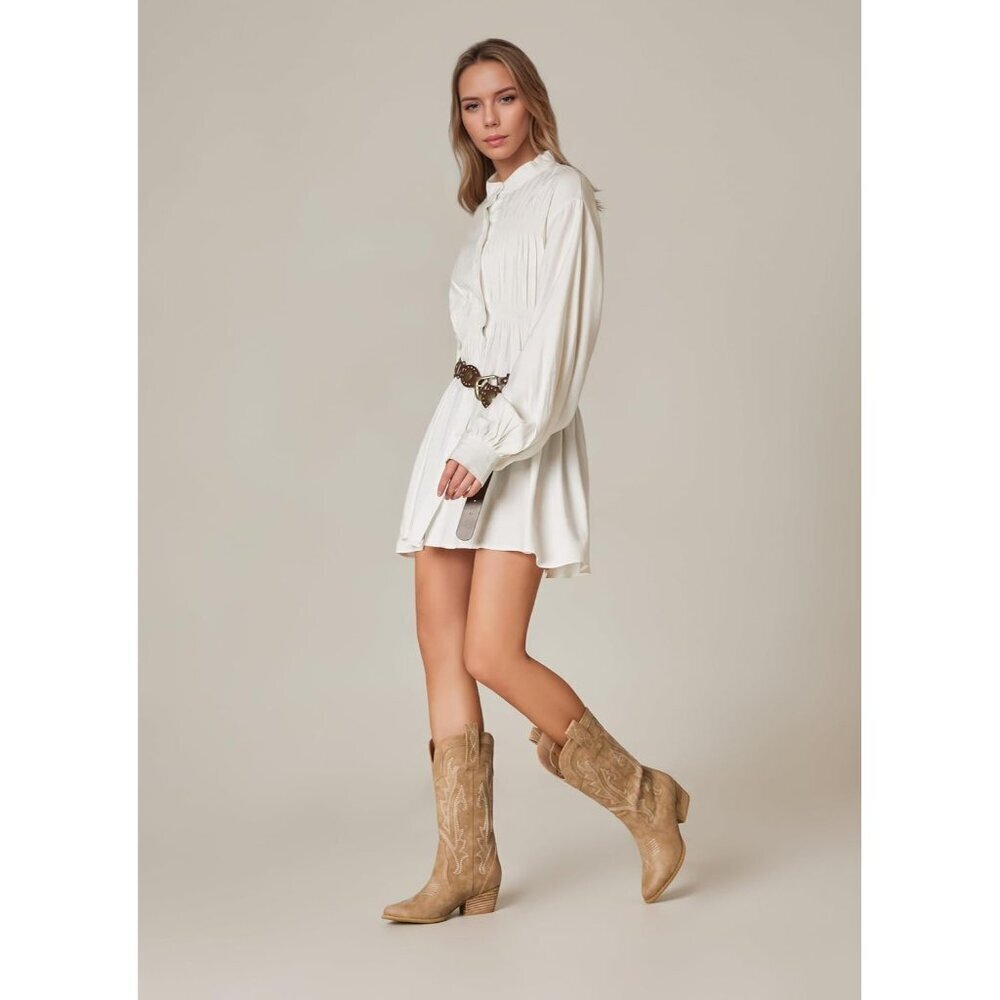 Women Synthetic Tan Boots Mid-calf Pointy Toe Chunky Heels Embroidered Boot - Picture 8 of 9